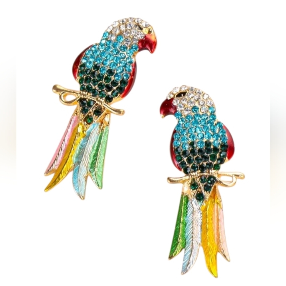 NEW! Stunning Gold Plated Colorful Rhinestones Parrot Bird Post Earrings